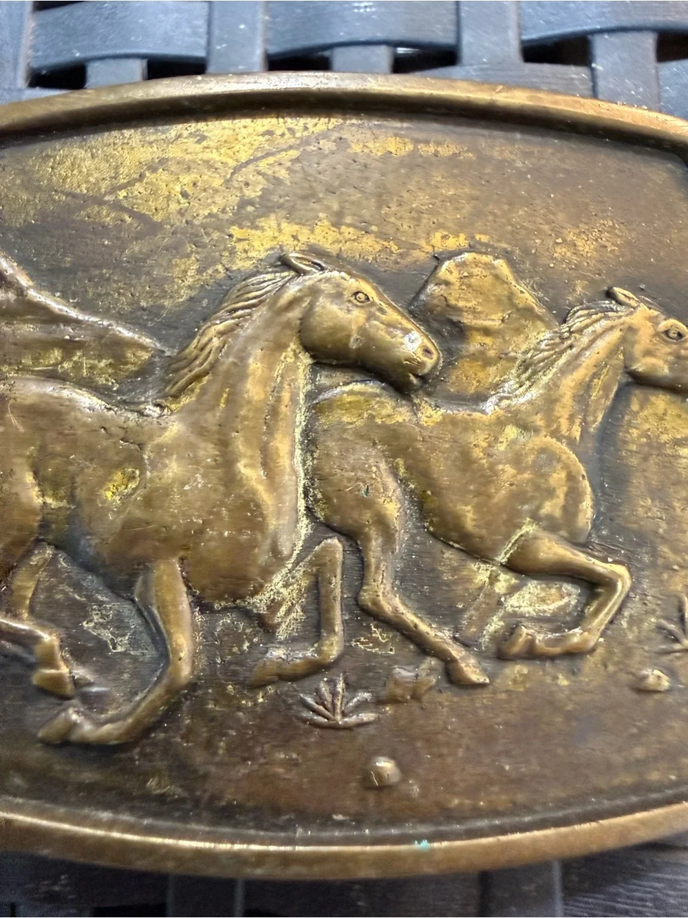 BTS Solid Brass Belt Buckle Running Wild Horses Western Vintage 1978 Made USA